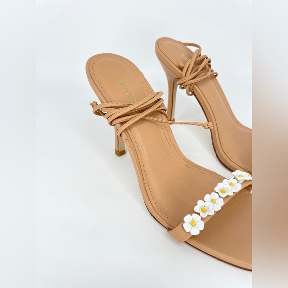 NWOB, Larroudé Goldie 95MM Flower Appliqué Tan Leather Lace-Up Heeled Sandals 7 - Picture 6 of 11